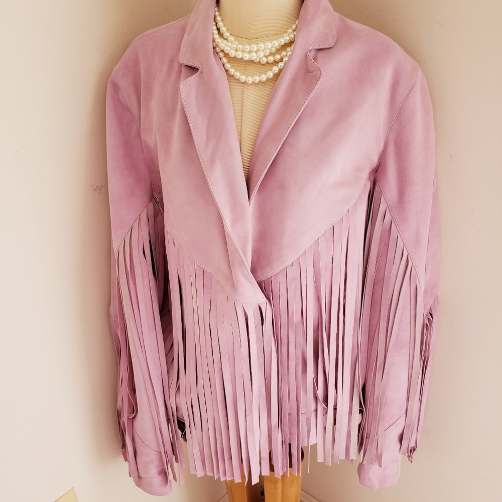 Women's Pink Suede Fringe Leather Jacket